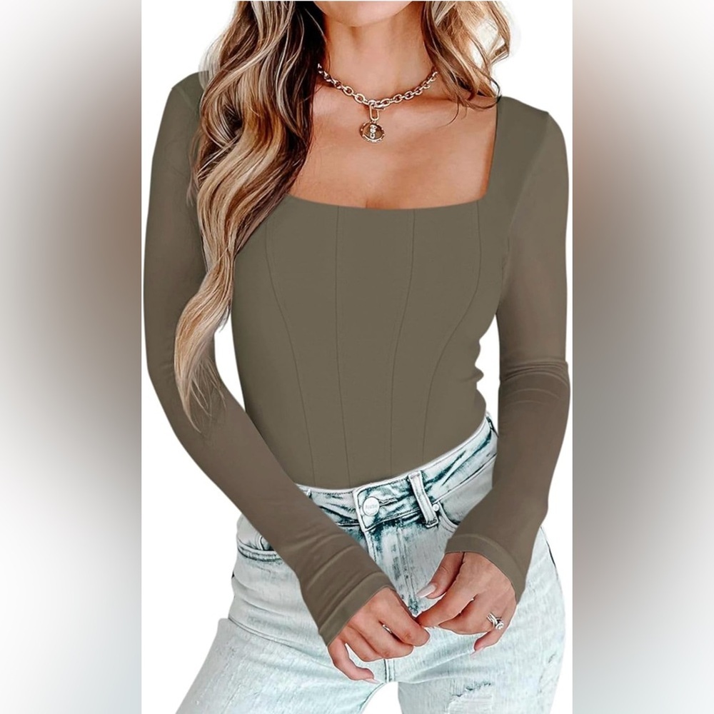 PINKMSTYLE Womens Square Neck Mesh Long Sleeve Bodysuit Shapewear Corset Top